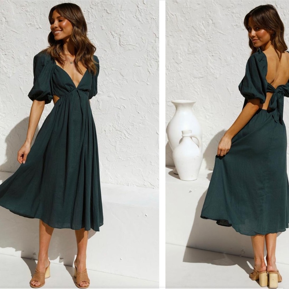 Linen Hunter Green Midi Dress
